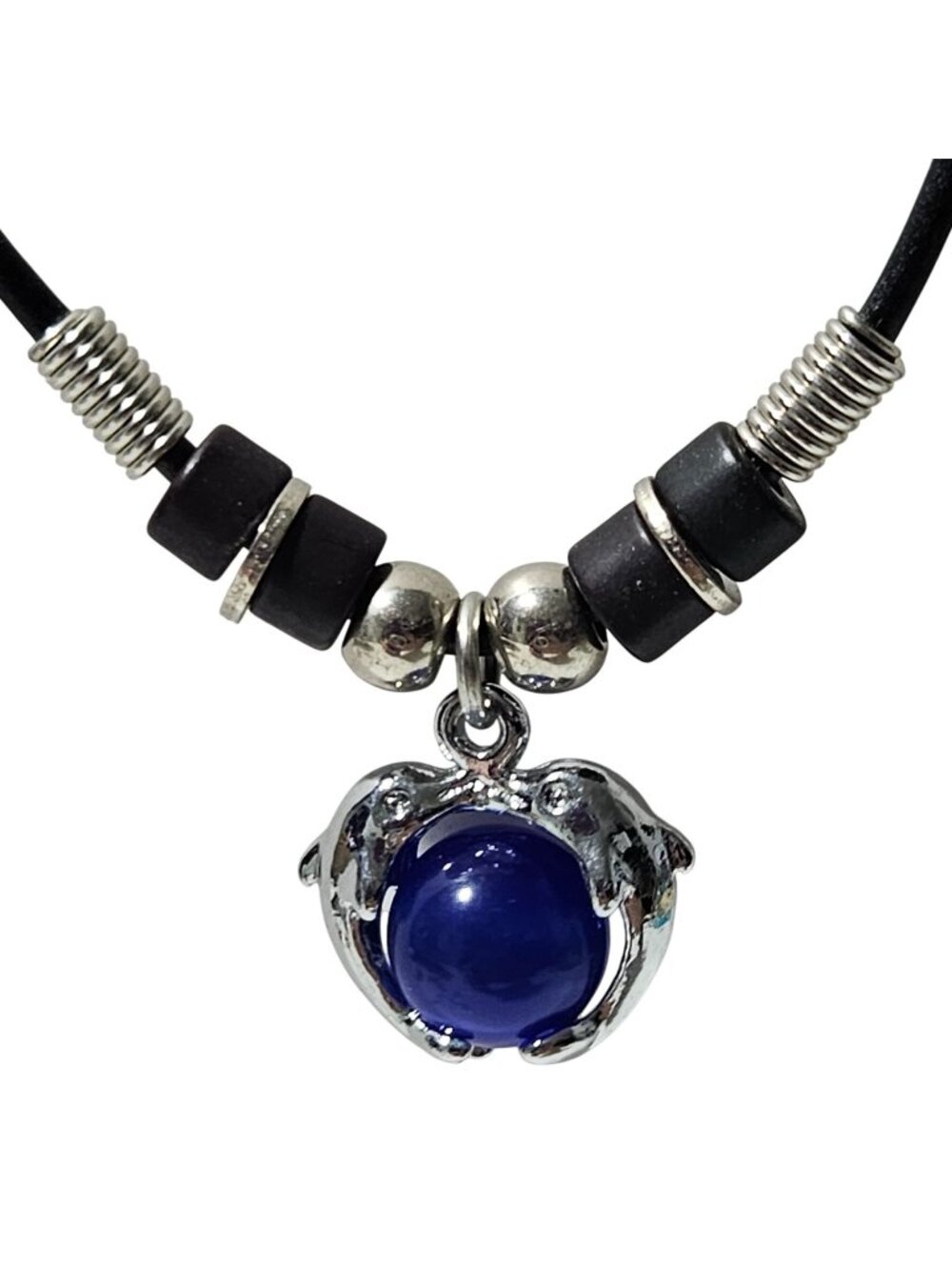 Blue Glass Dolphin Pendant Necklace Black Leather Beaded Fashion Jewelry Women